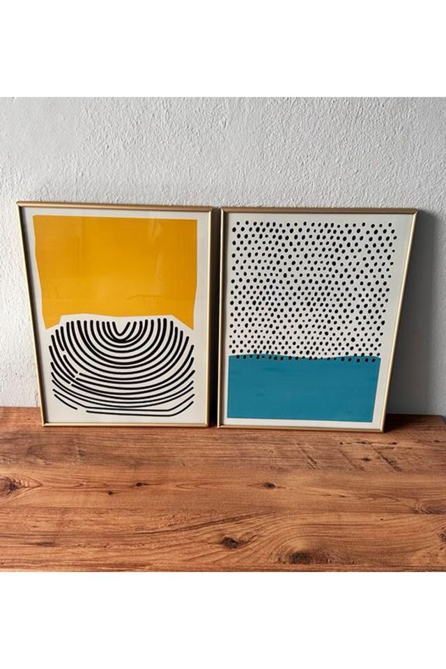 Ikili Gold Alüminyum Camlı Siyah Mavi Sarı Puantiye Poster Seti