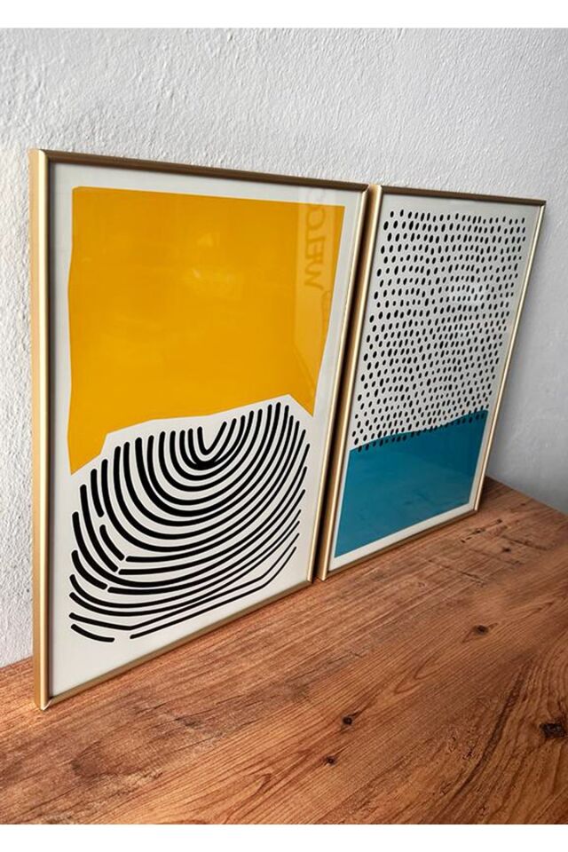 Ikili Gold Alüminyum Camlı Siyah Mavi Sarı Puantiye Poster Seti