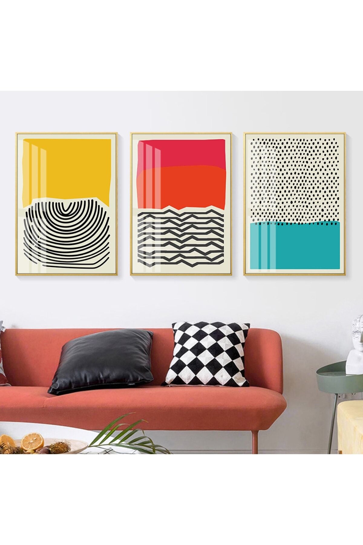 Üçlü Gold Çerçeve Sarı Mavi Siyah Çizgi Şık Tasarım Camlı Tablo Seti