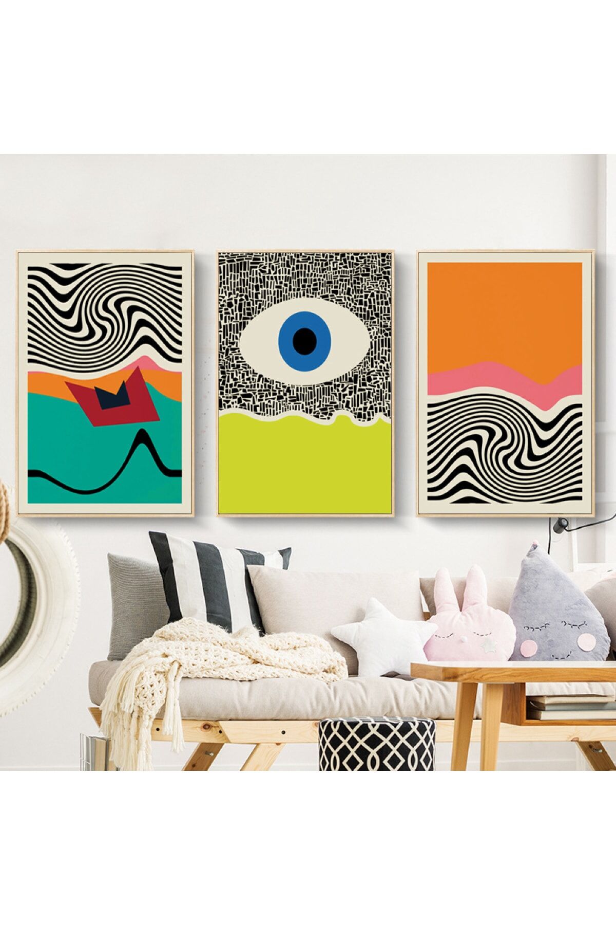 Üçlü Gold Alüminyum Metal Hipnoz Göz Mavi Camlı Tablo Seti