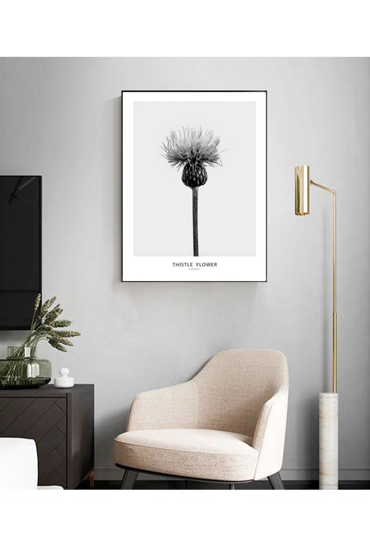 Tekli Siyah Metal Çerçeveli Çiçek Poster Cam Tablo Seti