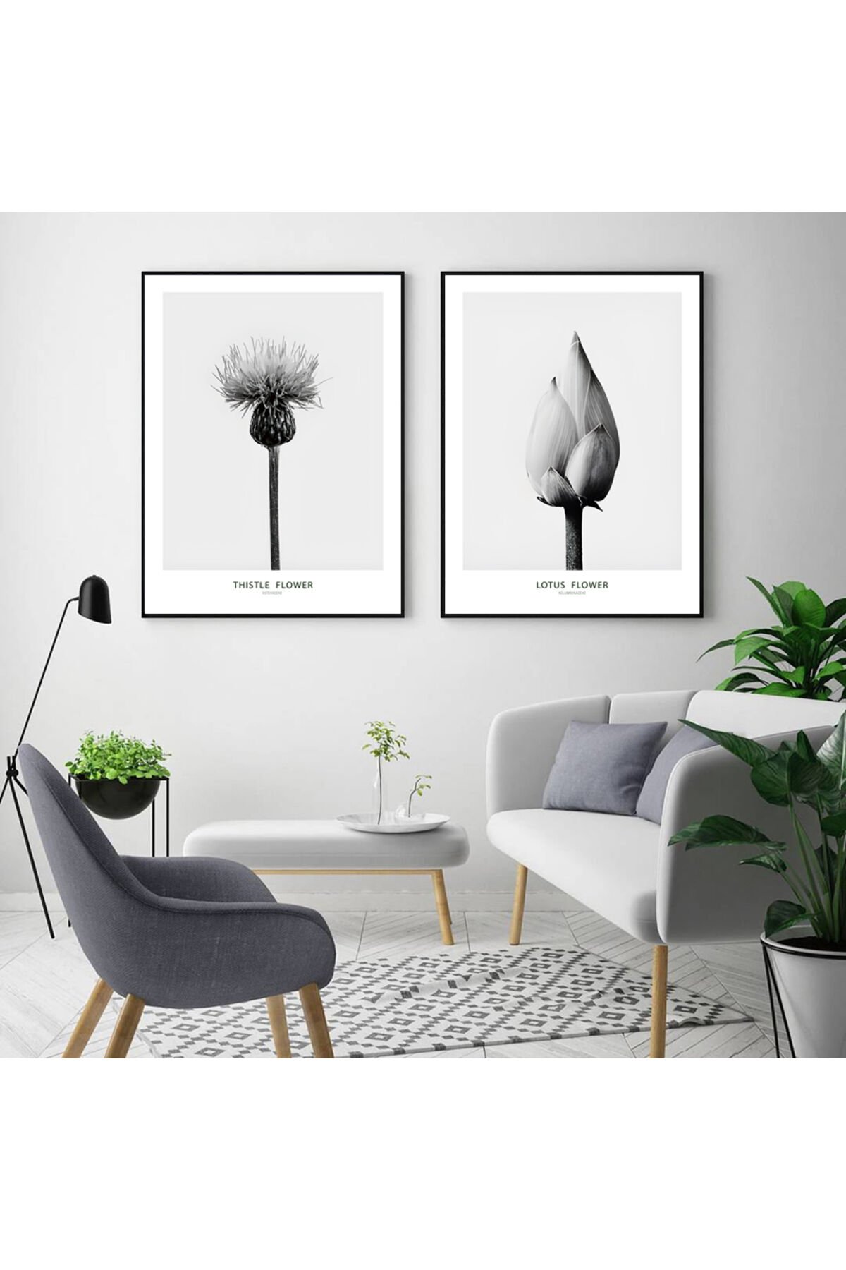 İkili Siyah Metal Çerçeveli Çiçek Tarz Fonemen Poster Cam Tablo Seti