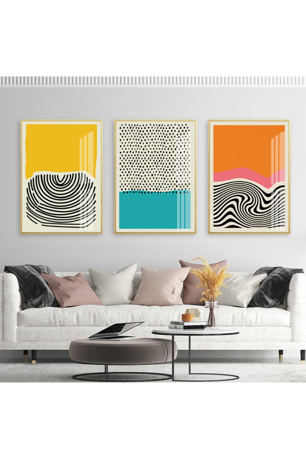 Üçlü Gold Alüminyum Metal Sarı Mavi Turuncu Camlı Tablo Seti