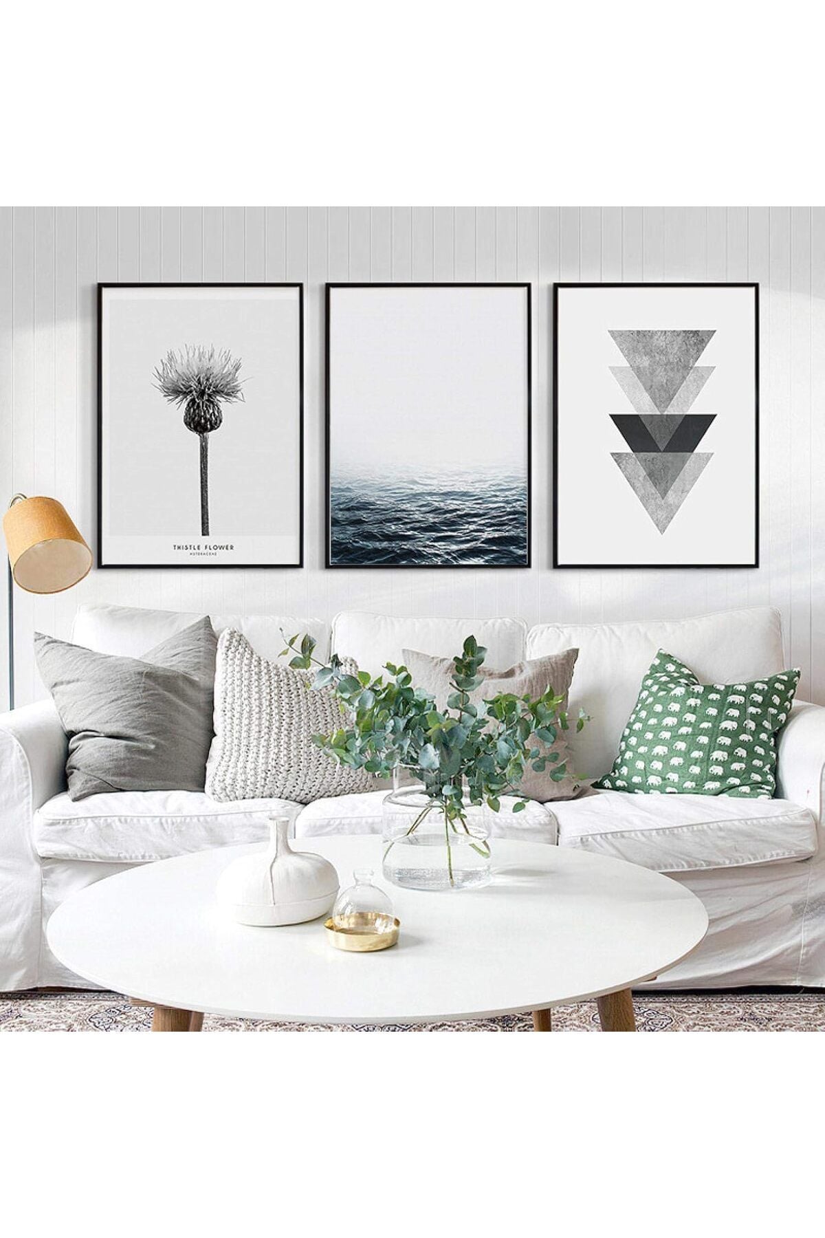 3lü Siyah Metal Çerçeveli Geometrik Tarz Çiçek Poster Camlı Tablo Seti