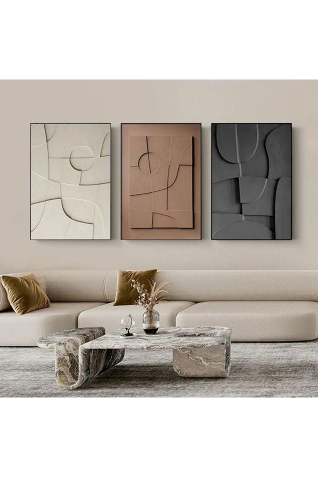 3lü Siyah Metal Çerçeveli Geometrik Tarz Beyaz Poster Camlı Tablo Seti