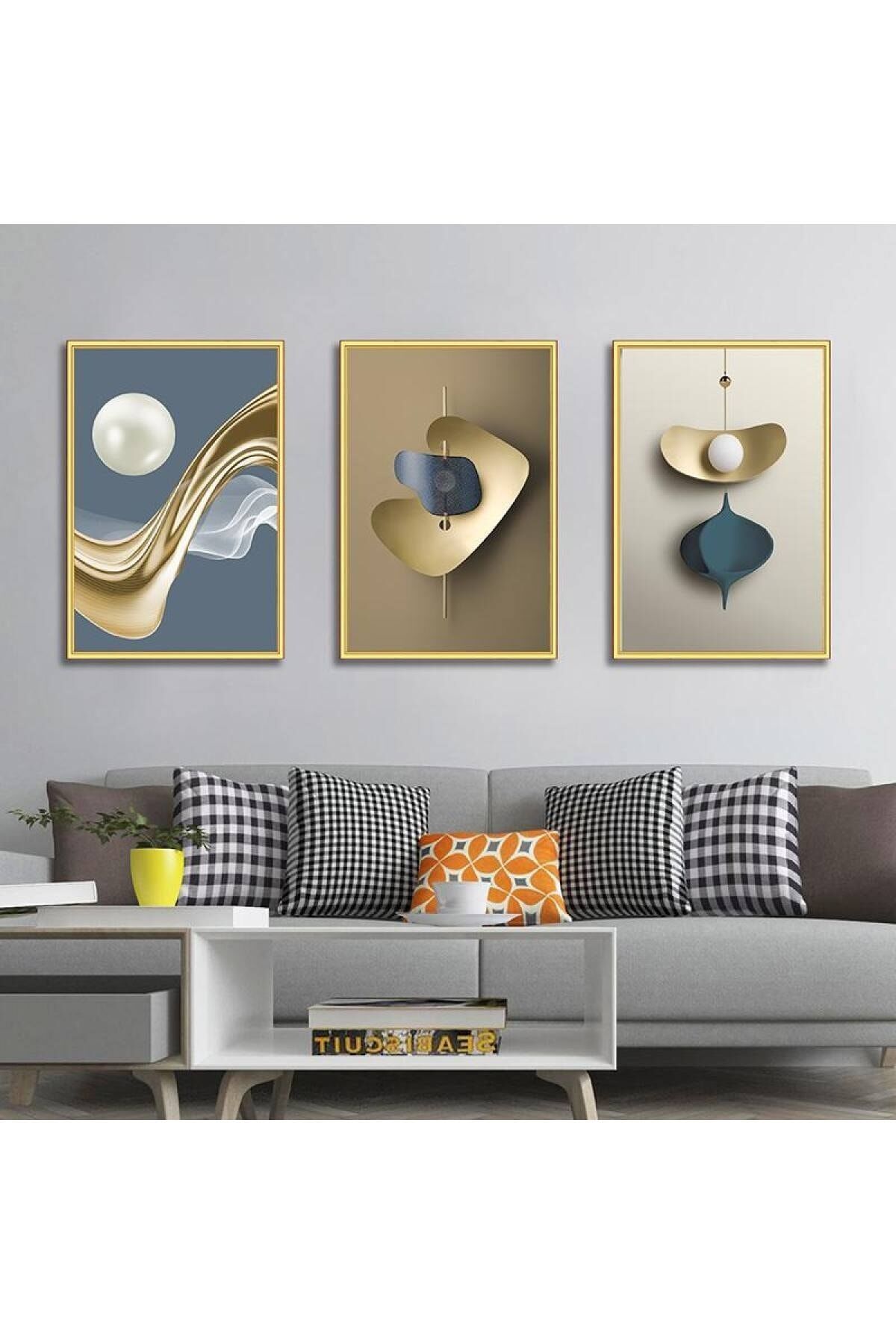 Üçlü Gold Çerçeve Sarı Mavi Soyut Kahve Krem Tasarım Camlı Tablo Seti