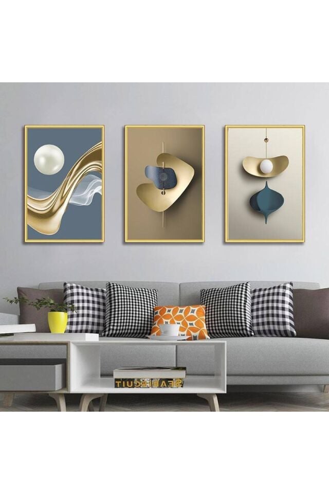 Üçlü Gold Çerçeve Sarı Mavi Soyut Kahve Krem Tasarım Camlı Tablo Seti