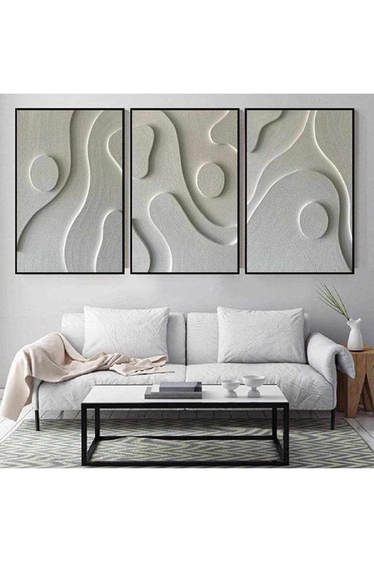 3lü Siyah Metal Çerçeveli Modern Soyut Tarz Beyaz Poster Camlı Tablo Seti