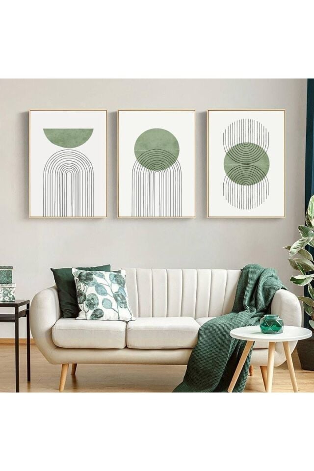 Üçlü Gold Çerçeve Sarı Mavi Soyut Yeşil Dairesel Çizgiler Tasarım Camlı Tablo Seti