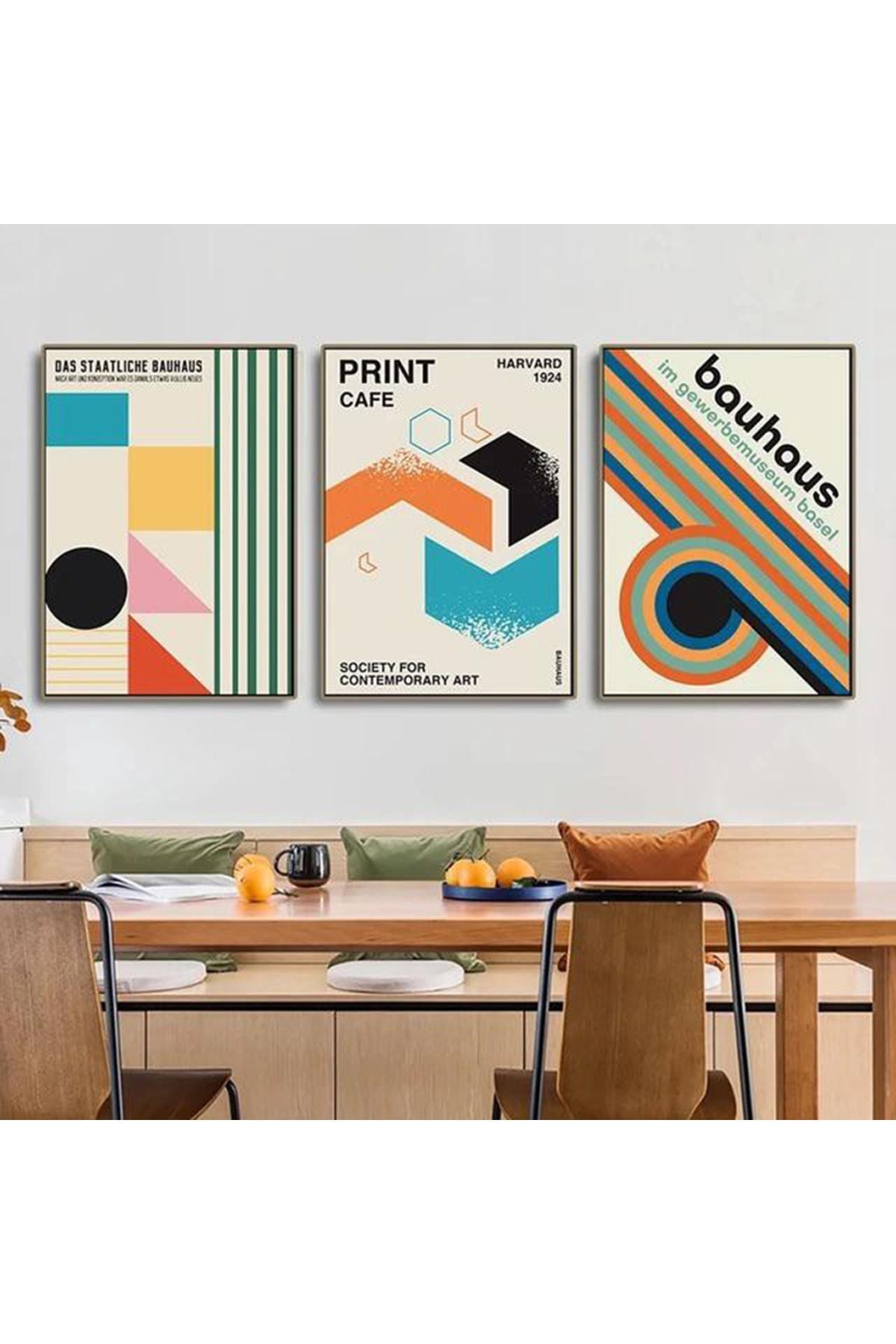 3lü Siyah Metal Çerçeveli Retro Renklı Bauhaus Mimar Poster Camlı Tablo Seti