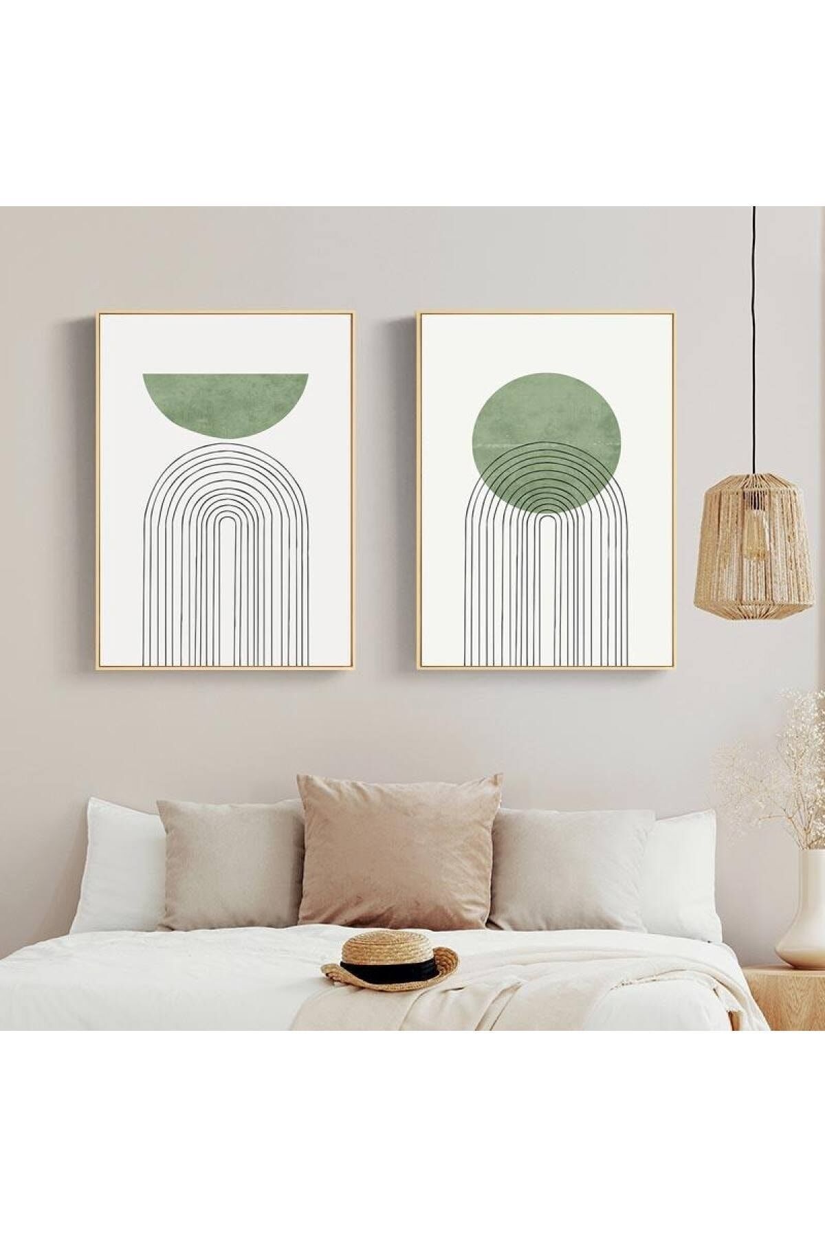 Ikili Gold Alüminyum Metal Çerçeveli Yeşil Dairesel Camlı Tablo Seti