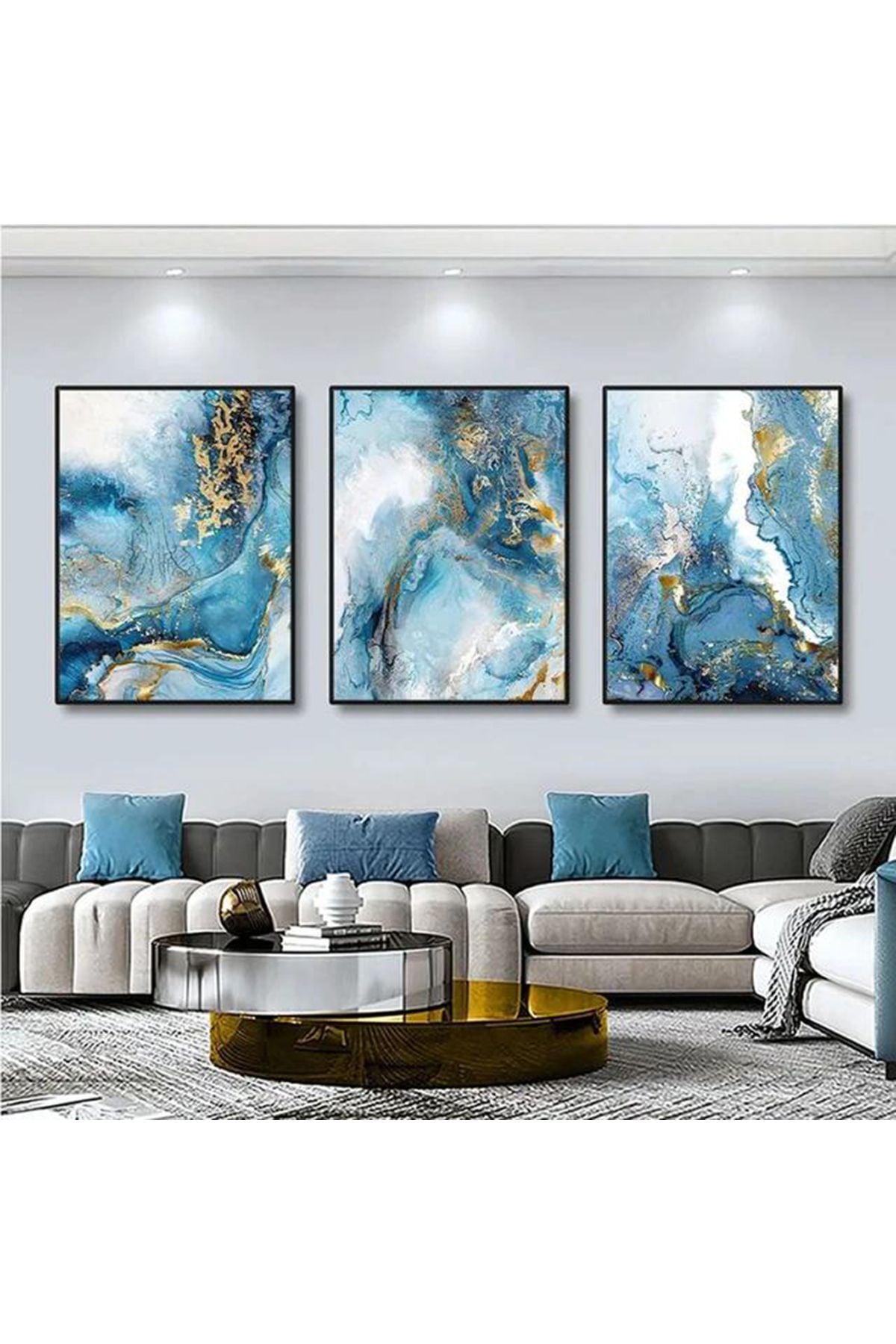 Üçlü Siyah Metal Çerçeveli Mavi Mermer Desen Poster Cam Tablo Seti