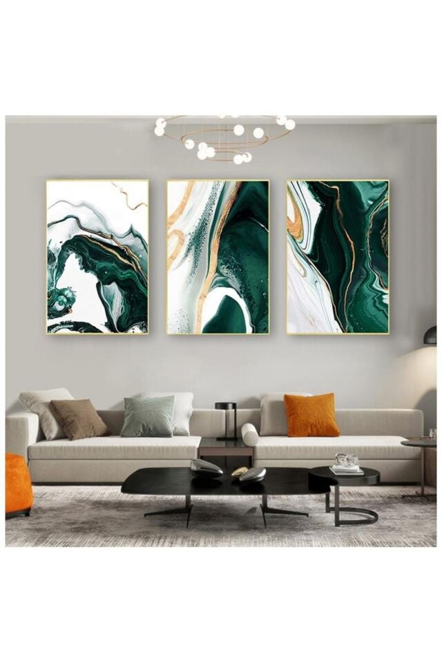 Üçlü Gold Çerçeve Alüminyum Metal Yeşil Mermer Desen Camlı Tablo Seti