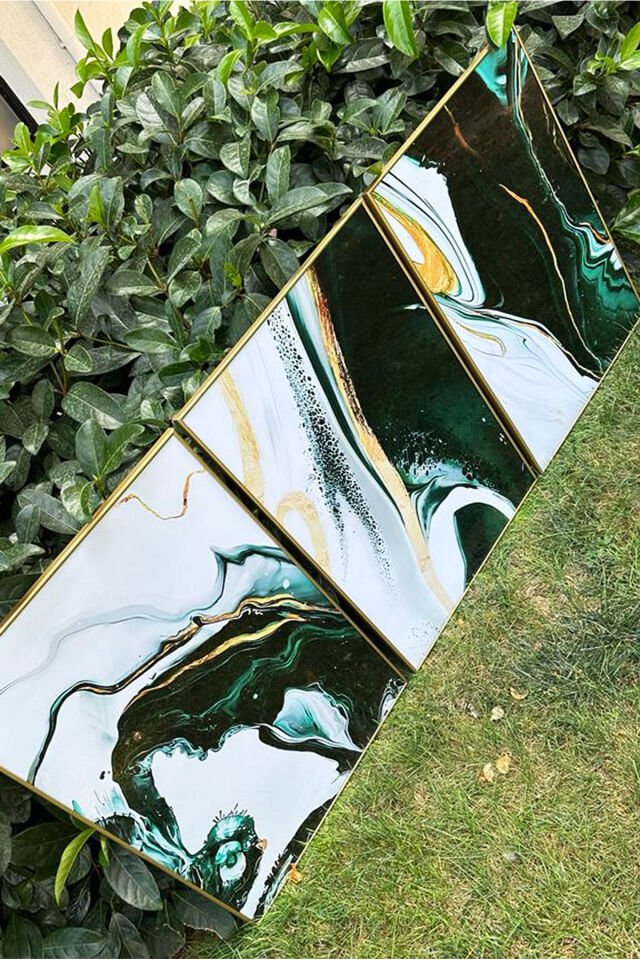 Üçlü Gold Çerçeve Alüminyum Metal Yeşil Mermer Desen Camlı Tablo Seti