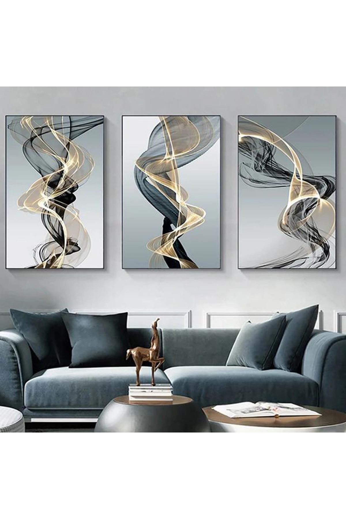 Üçlü Siyah Metal Çerçeveli Gri Gold Dalga Soyut Poster Camlı Tablo Seti