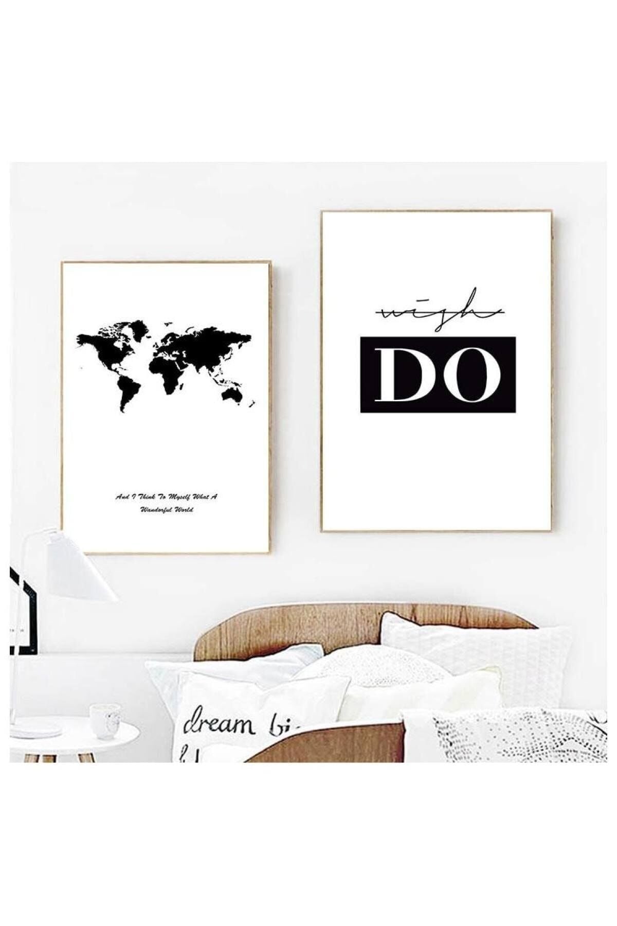 Ikili Gold Alüminyum Metal Çerçeveli Siyah Beyaz Dünya Harita Camlı Tablo Poster Seti