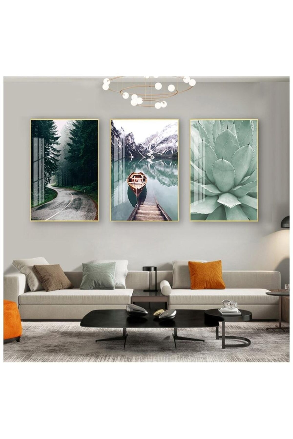 Üçlü Gold Çerçeve Alüminyum Metal Yeşil Doğa Manzara Camlı Tablo Seti