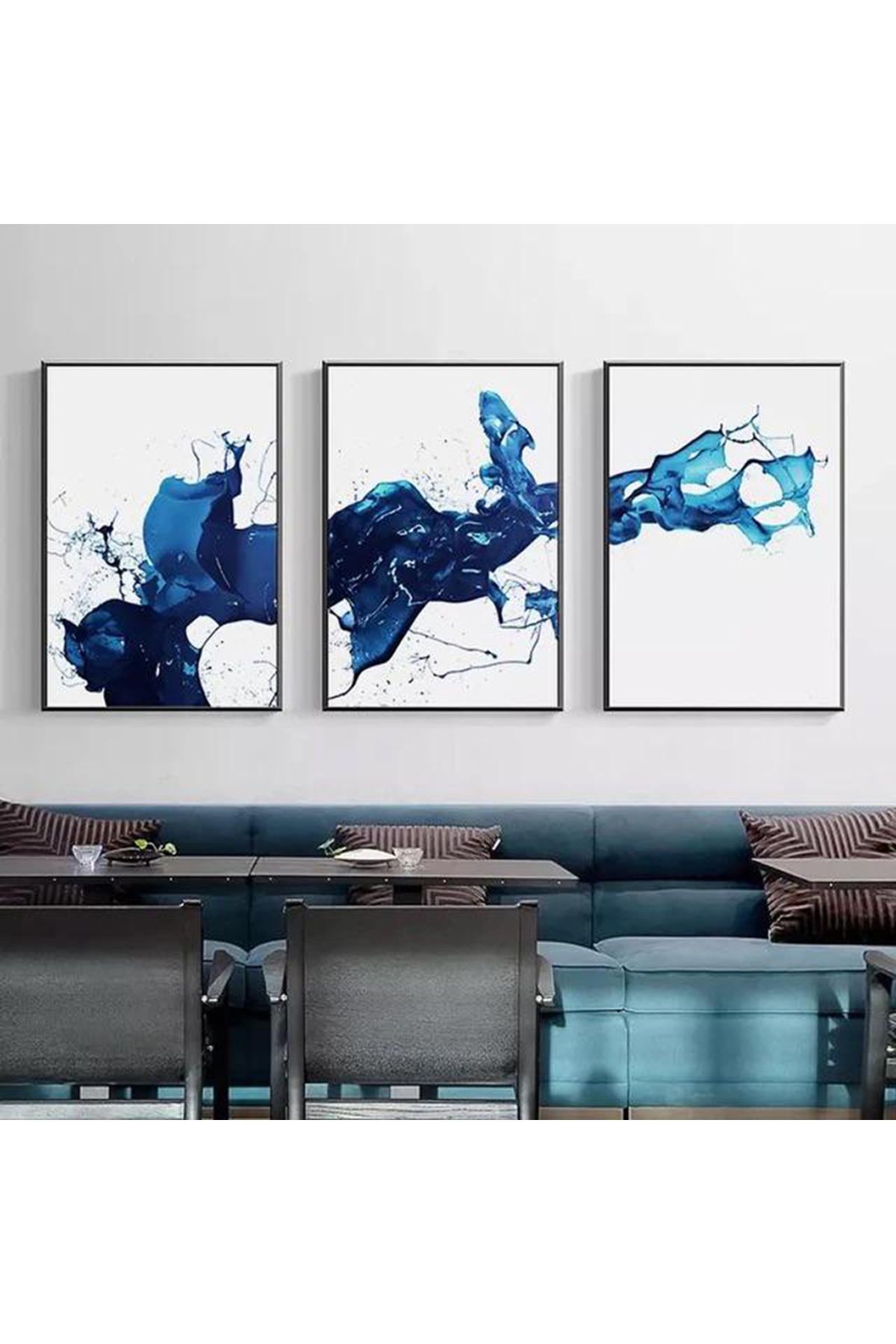 Üçlü Siyah Metal Çerçeveli Mavi Boya Poster Camlı Tablo Seti
