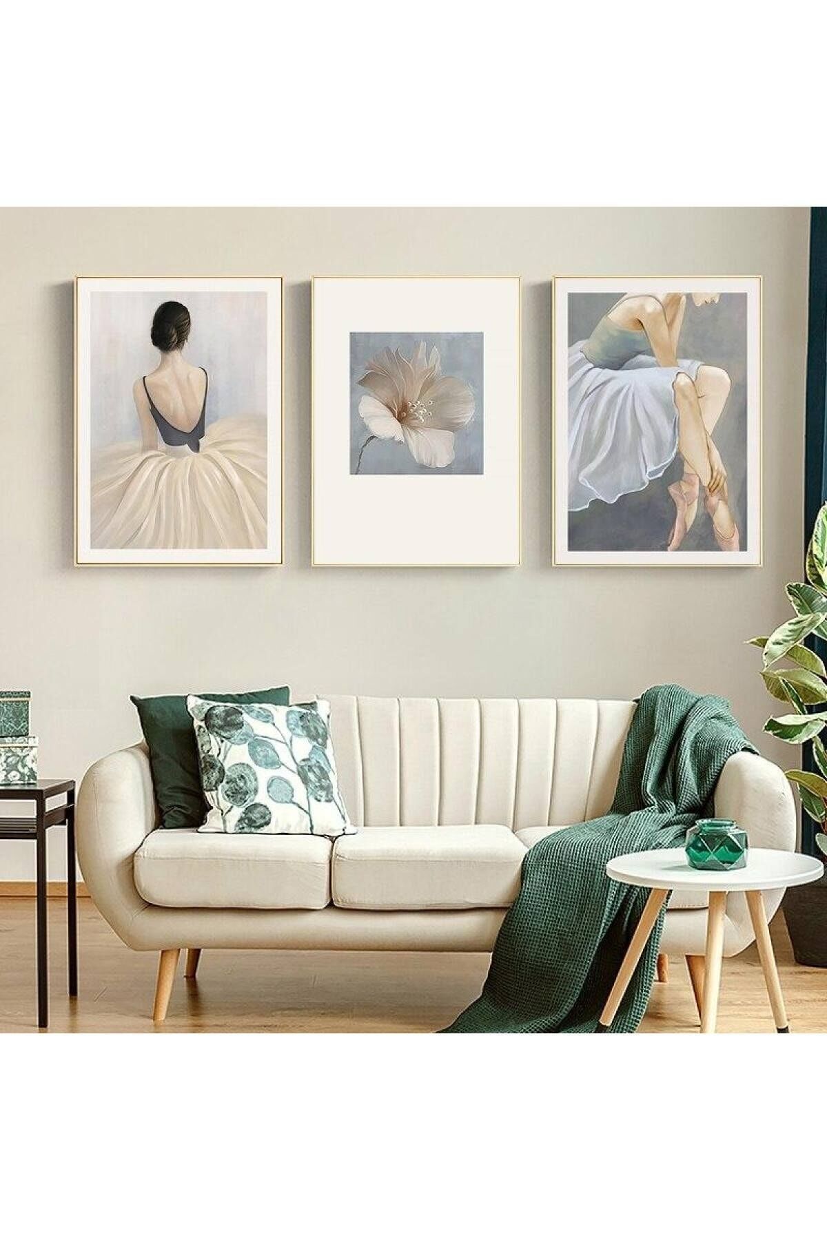 Üçlü Gold Çerçeve Alüminyum Metal Balerin Çiçek Camlı Tablo Seti