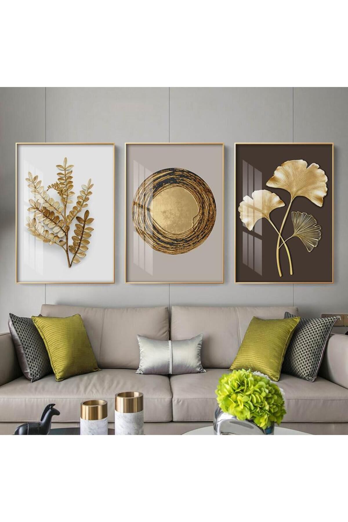 Üçlü Gold Çerçeve Alüminyum Metal Kahverengi Çiçek Camlı Tablo Seti
