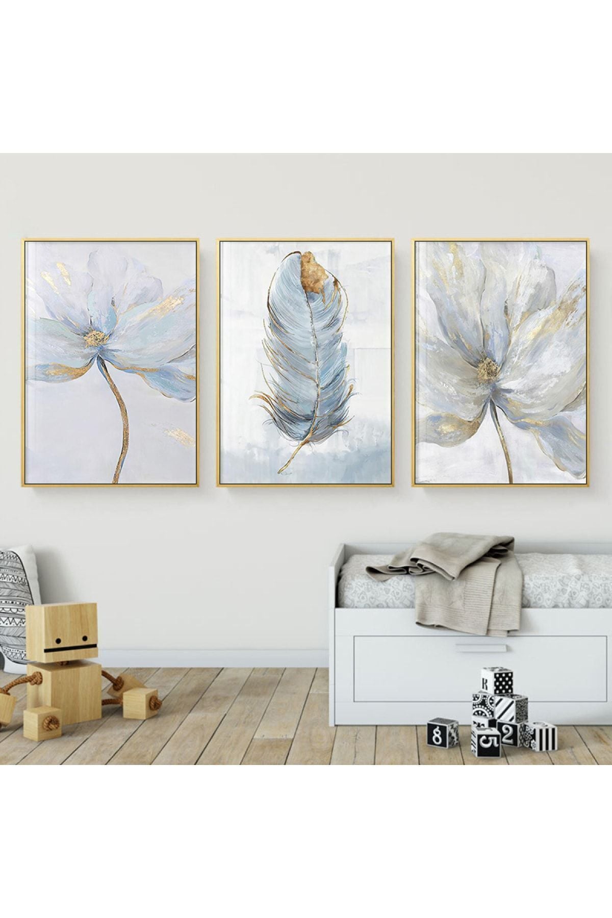 Üçlü Gold Çerçeve Alüminyum Metal Mavi Tüy Çiçek Camlı Tablo Seti