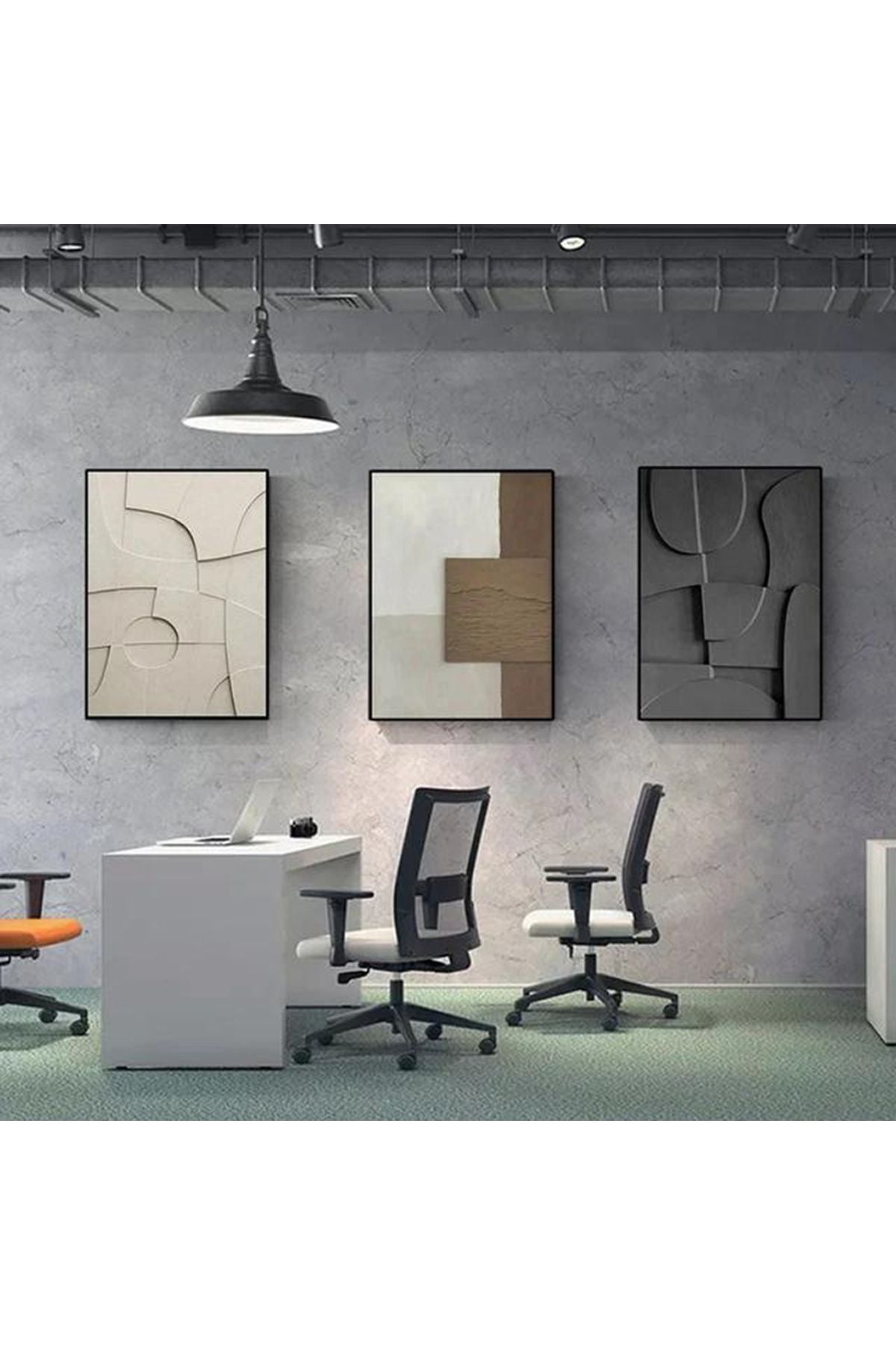 3lü Siyah Metal Çerçeve Soyut Siyah Krem Cam Tablo Seti