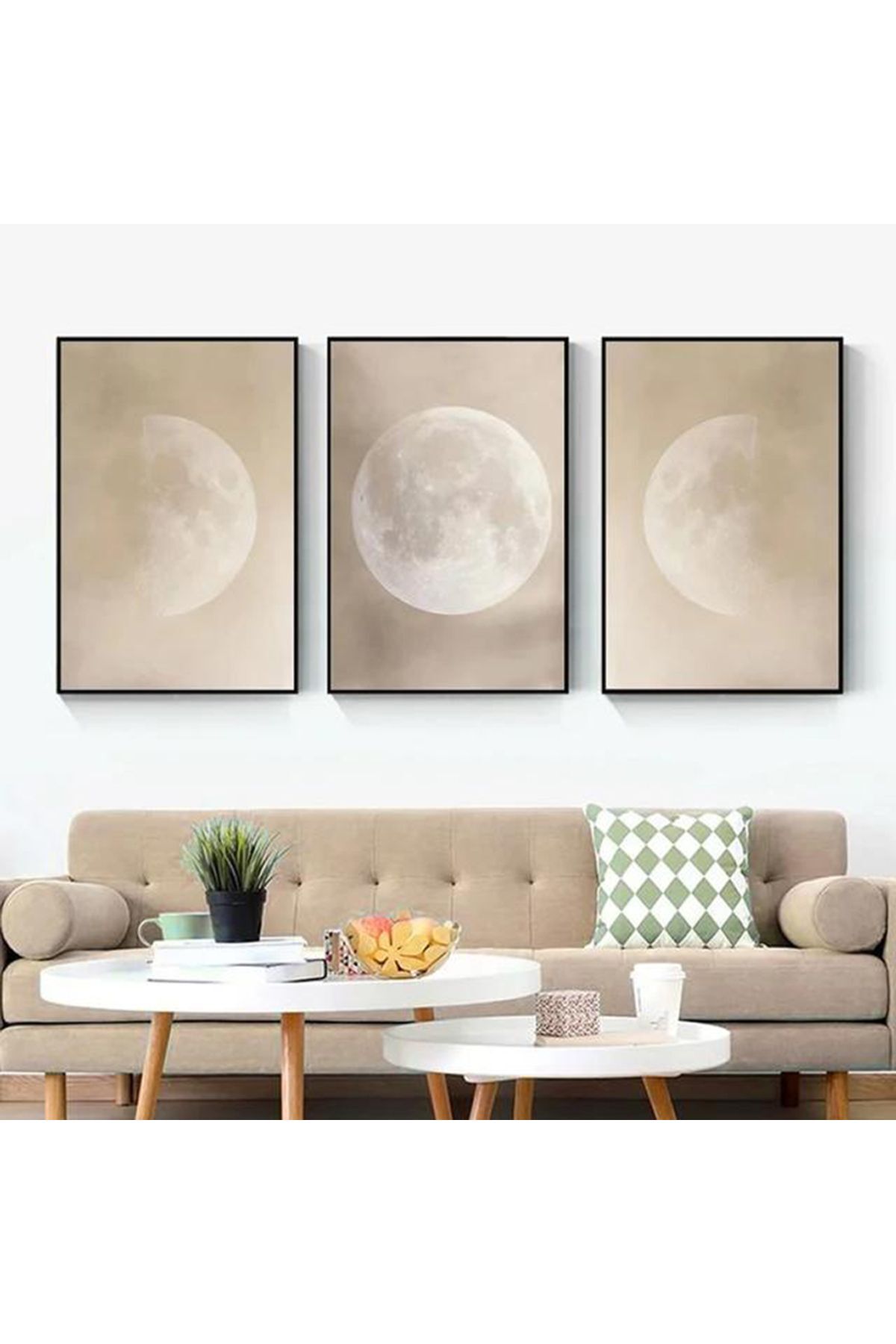 Üçlü Siyah Alüminyum Çerçeve Ay Krem Soft Cam Tablo Seti