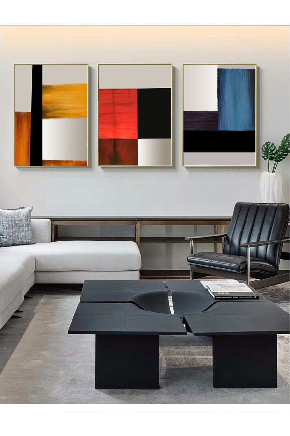 Üçlü Gold Çerçeve Alüminyum Modern Sanat Kırmızı Camlı Poster Tablo Seti