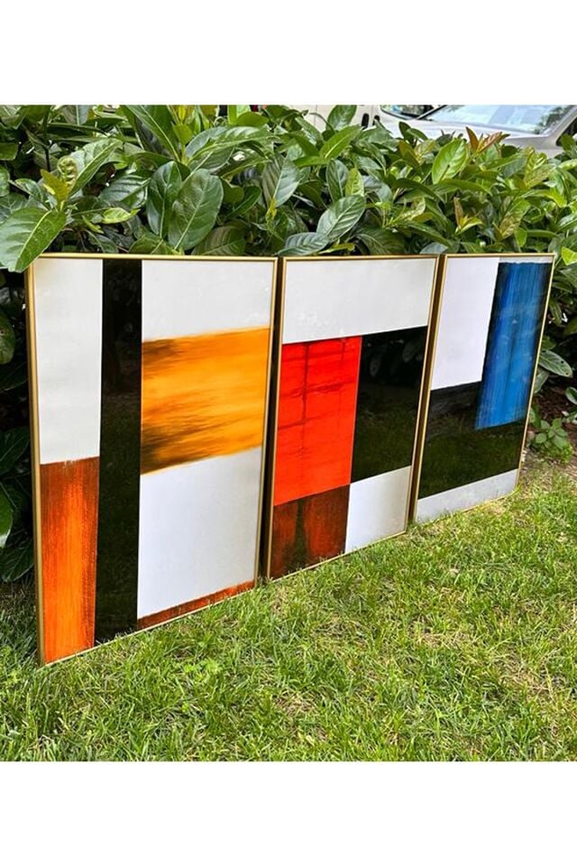 Üçlü Gold Çerçeve Alüminyum Modern Sanat Kırmızı Camlı Poster Tablo Seti
