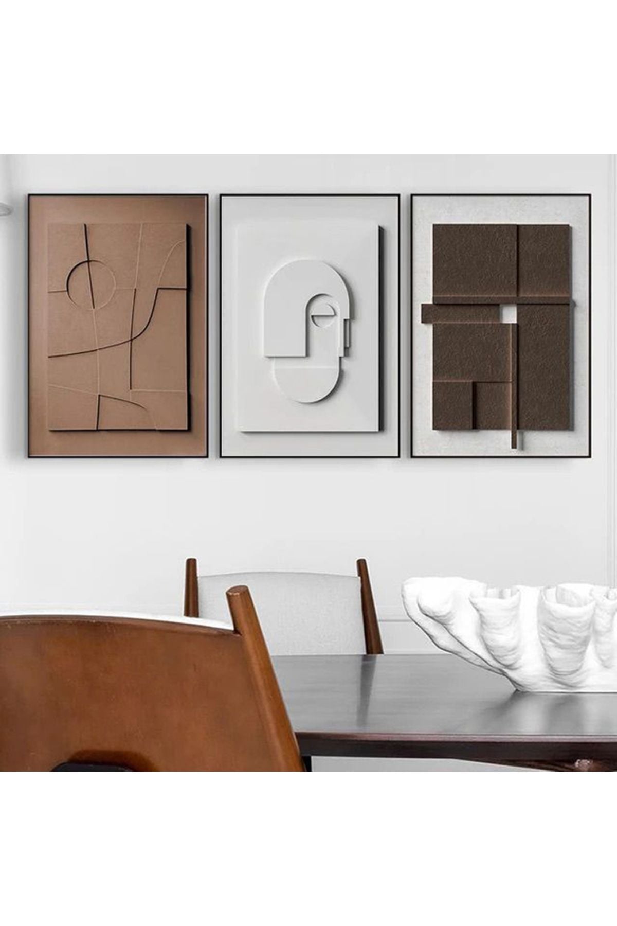 3lü Siyah Metal Çerçeveli Geometrik Kahve Beyaz Camlı Tablo Seti