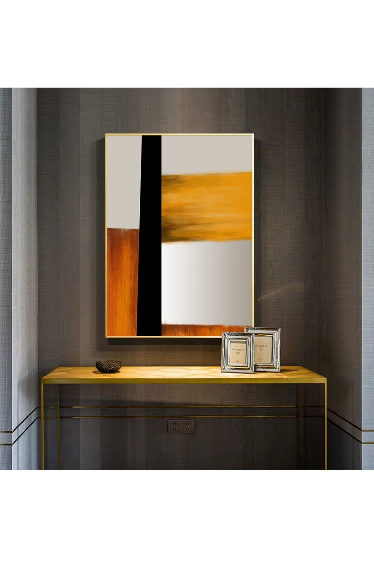 Gold Çerçeve Alüminyum Sarı Modern Sanat Soyut Camlı Poster Tablo