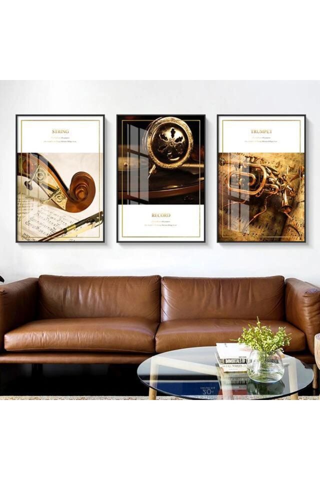 3lü Siyah Metal Çerçeve Müzik Enstrüman Poster Camlı Tablo Seti
