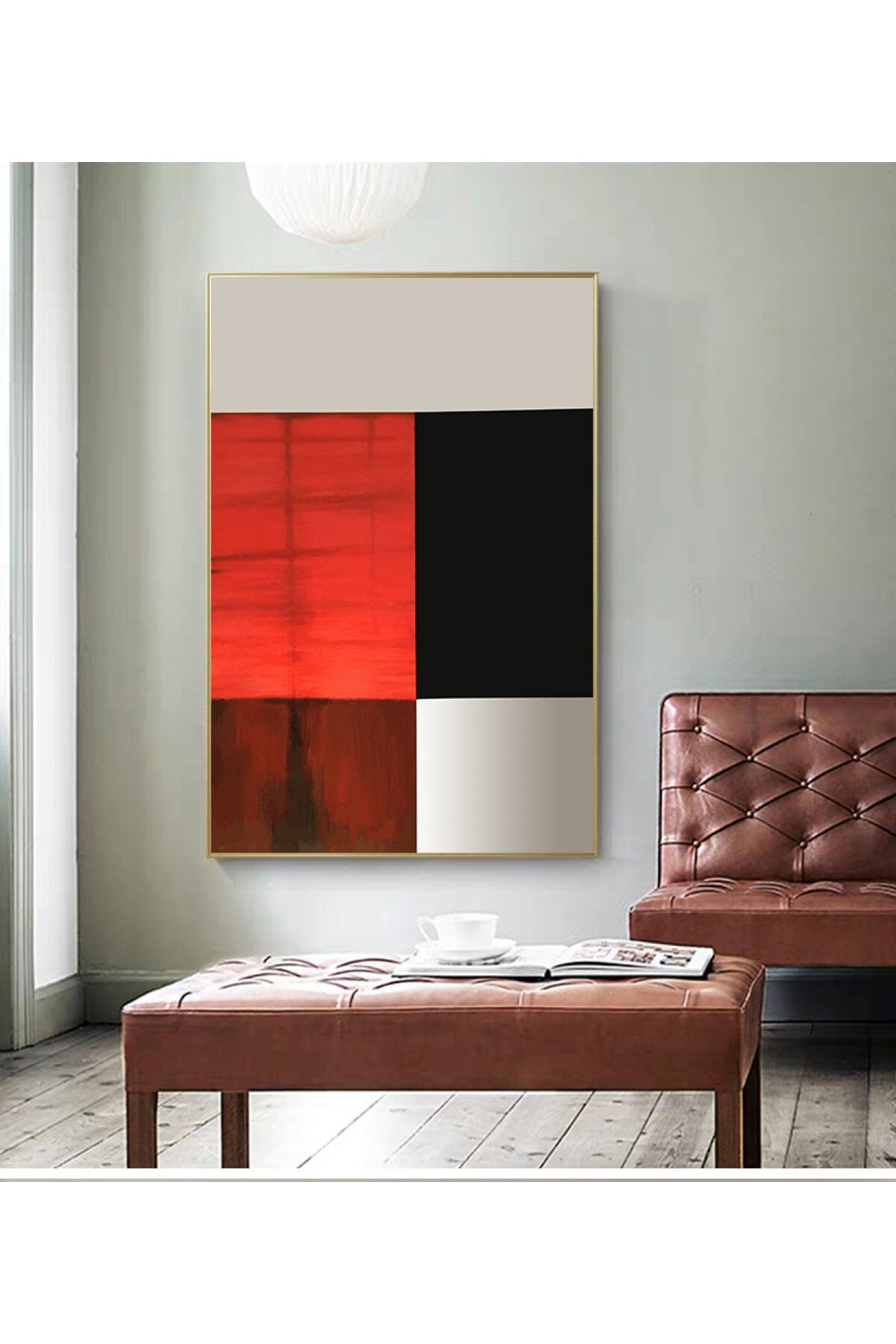 Gold Çerçeve Alüminyum Kırmızı Modern Sanat Soyut Camlı Poster Tablo