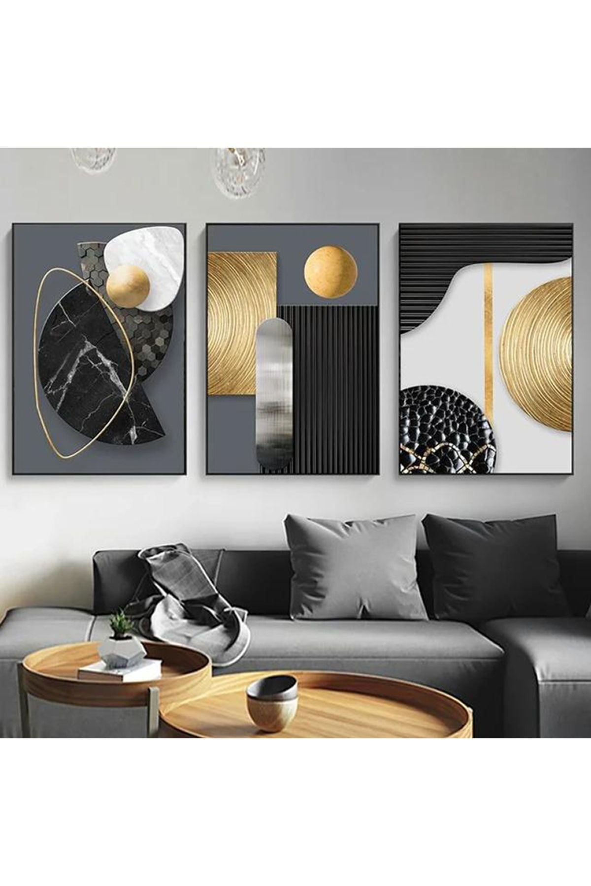 Üçlü Siyah Metal Çerçeve Gold Gri Poster Camlı Tablo Seti
