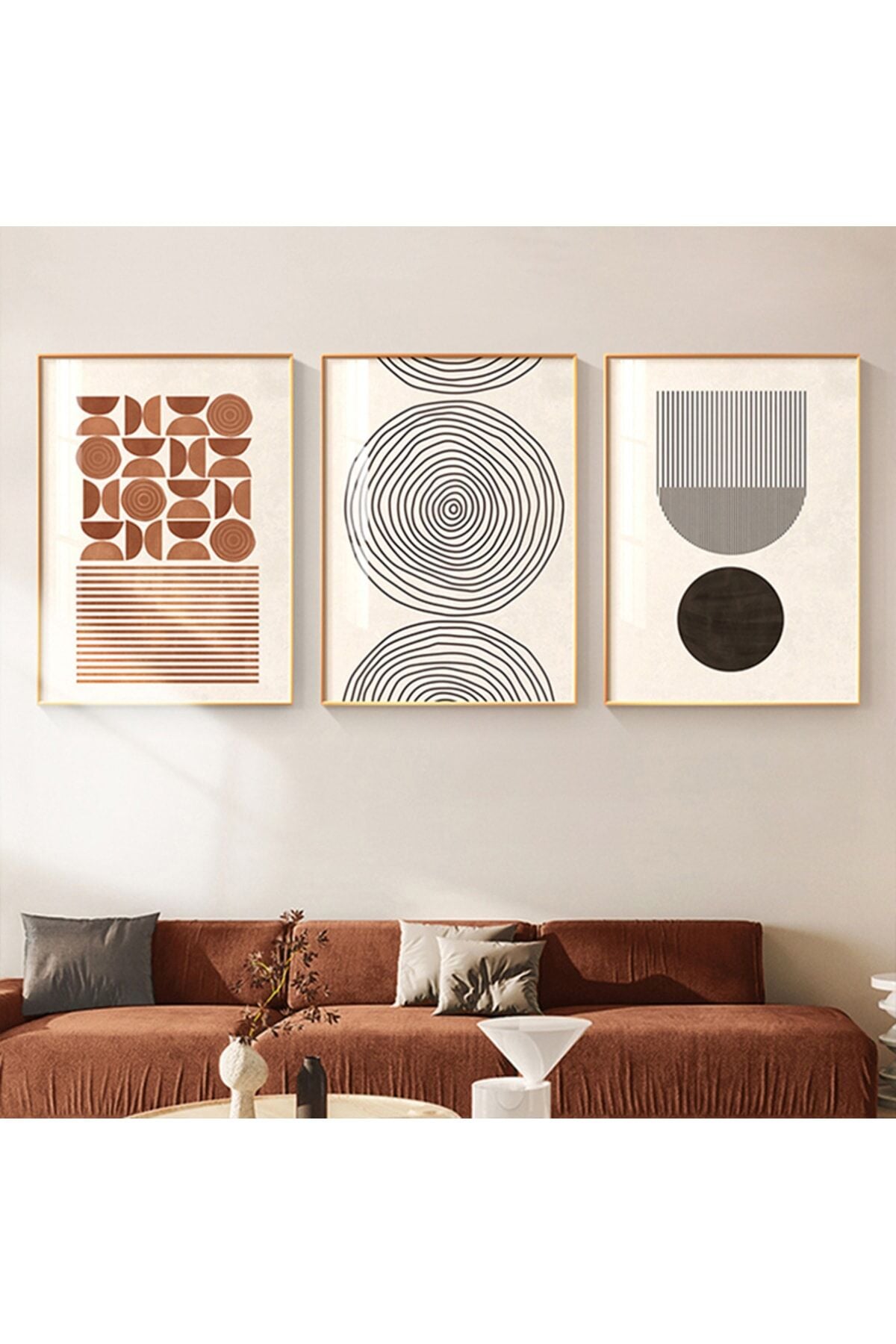 Üçlü Gold Çerçeve Alüminyum Soft Modern Çizgisel Daire Geometrik Camlı Poster Tablo Seti
