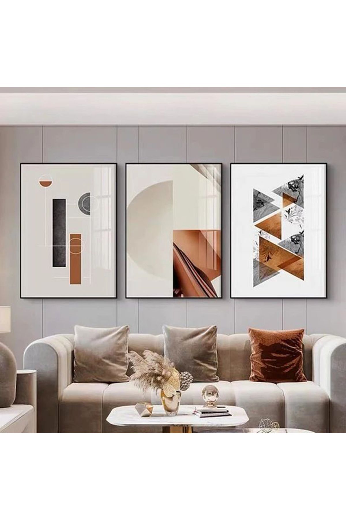 Üçlü Siyah Metal Çerçeve Kahve Krem Antsasit Modern Cam Tablo Seti