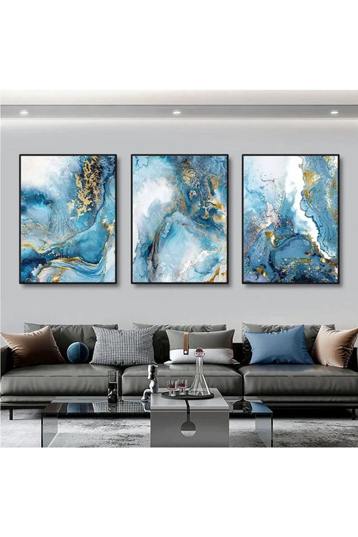 3lü Siyah Metal Çerçeveli Mavi Mermer Desen Poster Camlı Tablo Seti