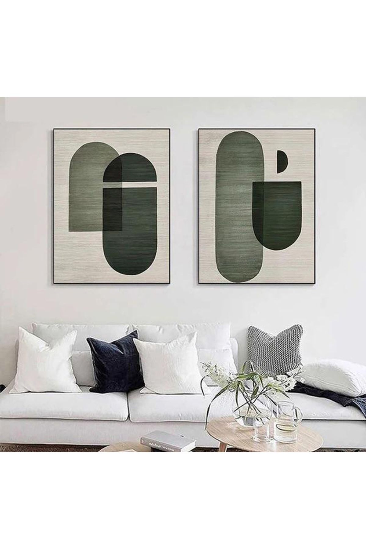 İkili Siyah Metal Çerçeveli Yeşil Krem Poster Cam Tablo Seti