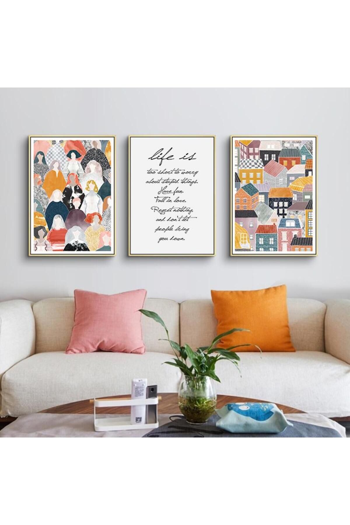 3lü Gold Metal Çerçeveli Bina İnsanlar Motto Renkli Camlı Tablo Seti