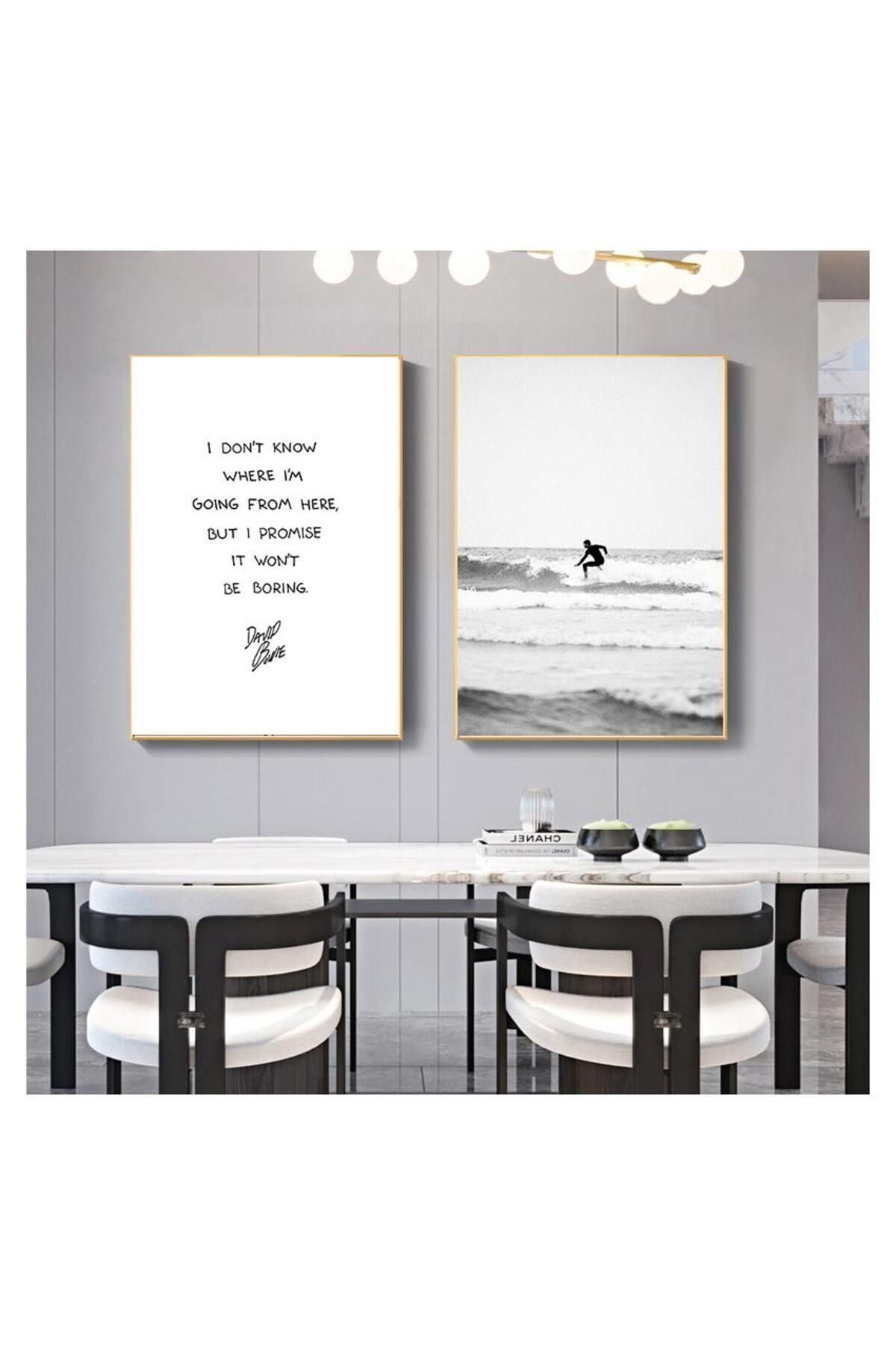 2li Gold Metal Çerçeveli Deniz Motto Soft Modern Camlı Tablo Seti