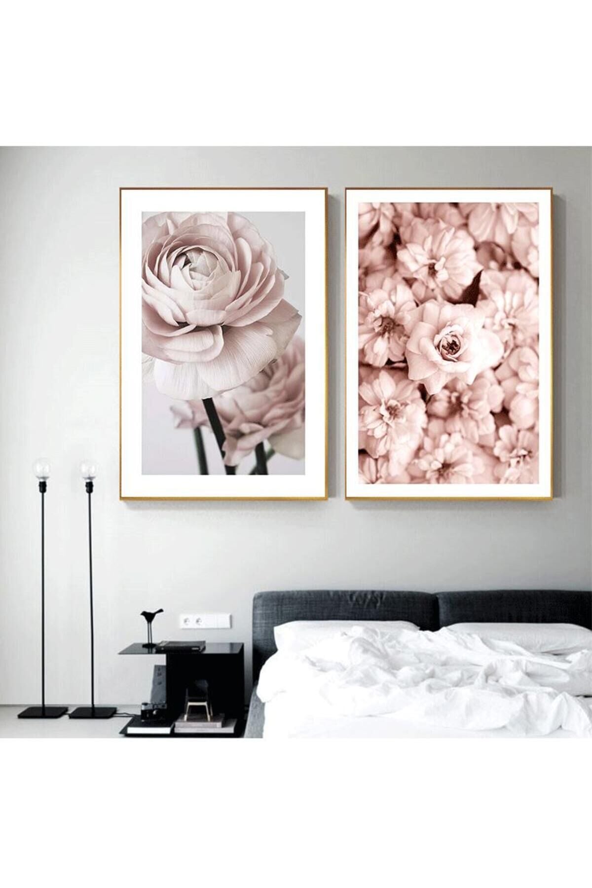 2li Gold Metal Çerçeveli Toz Pembe Çiçek Gül Camlı Tablo Seti