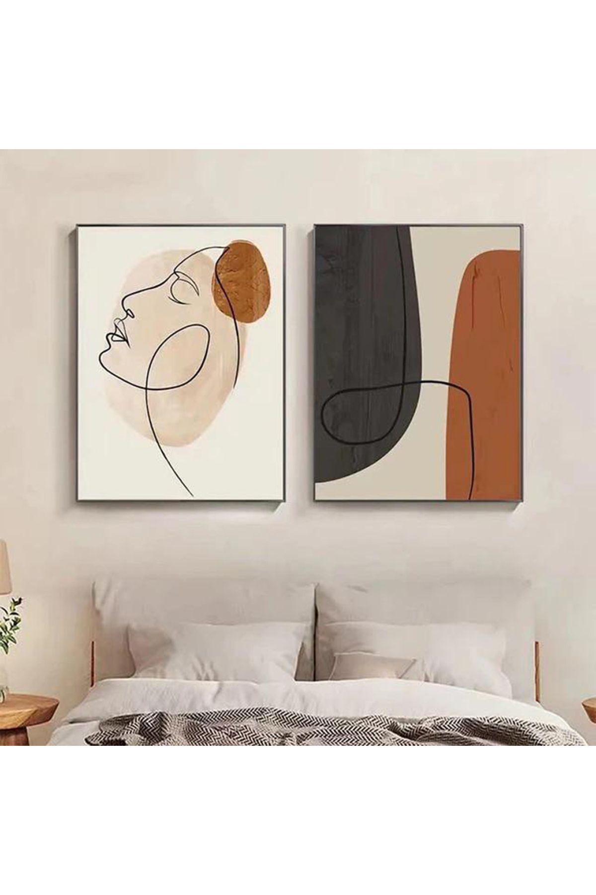 İkili Siyah Metal Çerçevel Kadın İnsan Modern Çizgi Cam Tablo Seti