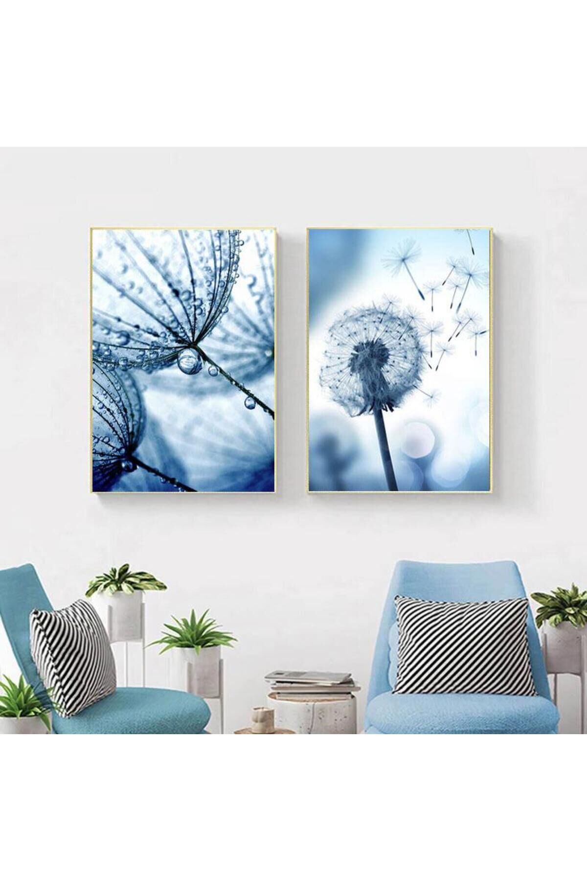 2li Gold Metal Çerçeveli Mavi Karahindiba Doğa Camlı Tablo Seti