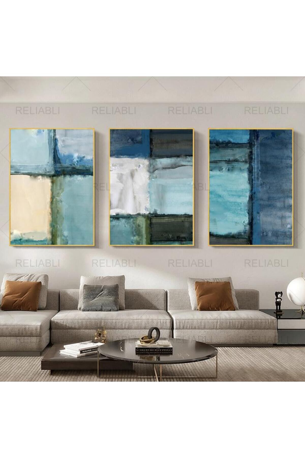 3lü Gold Metal Çerçeveli Mavi Lacivert Desen Camlı Tablo Seti