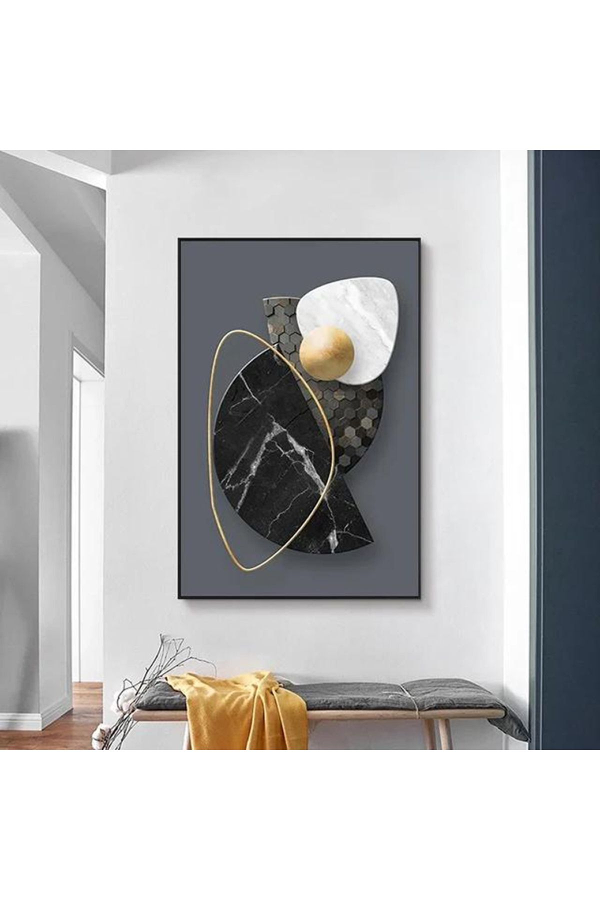 Tekli Siyah Metal Çerçeve Siyah Gold Antrasit Cam Tablo Seti