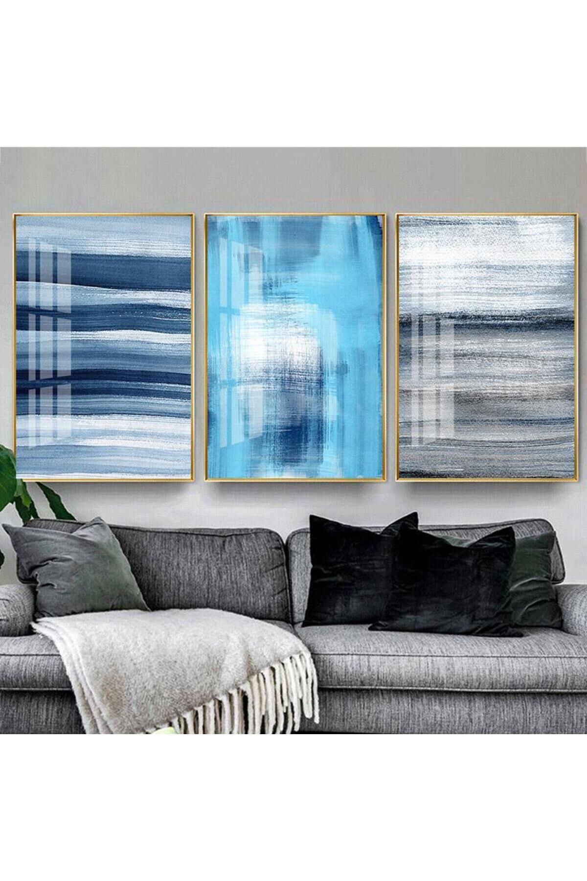 3lü Gold Metal Çerçeveli Mavi Lacivert Desen Camlı Tablo Seti