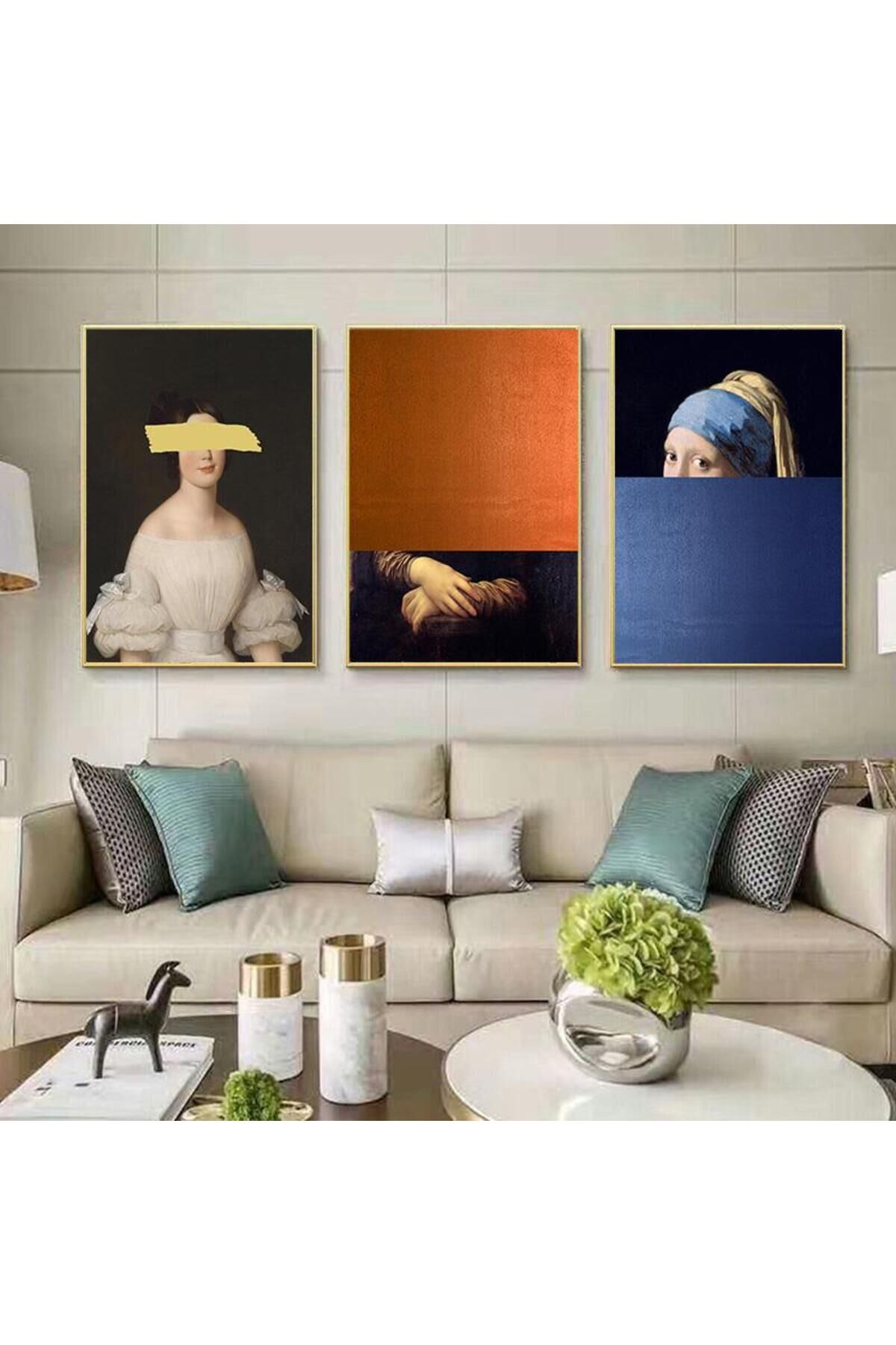 3lü Gold Metal Çerçeveli Modern Kadınlar Camlı Tablo Seti