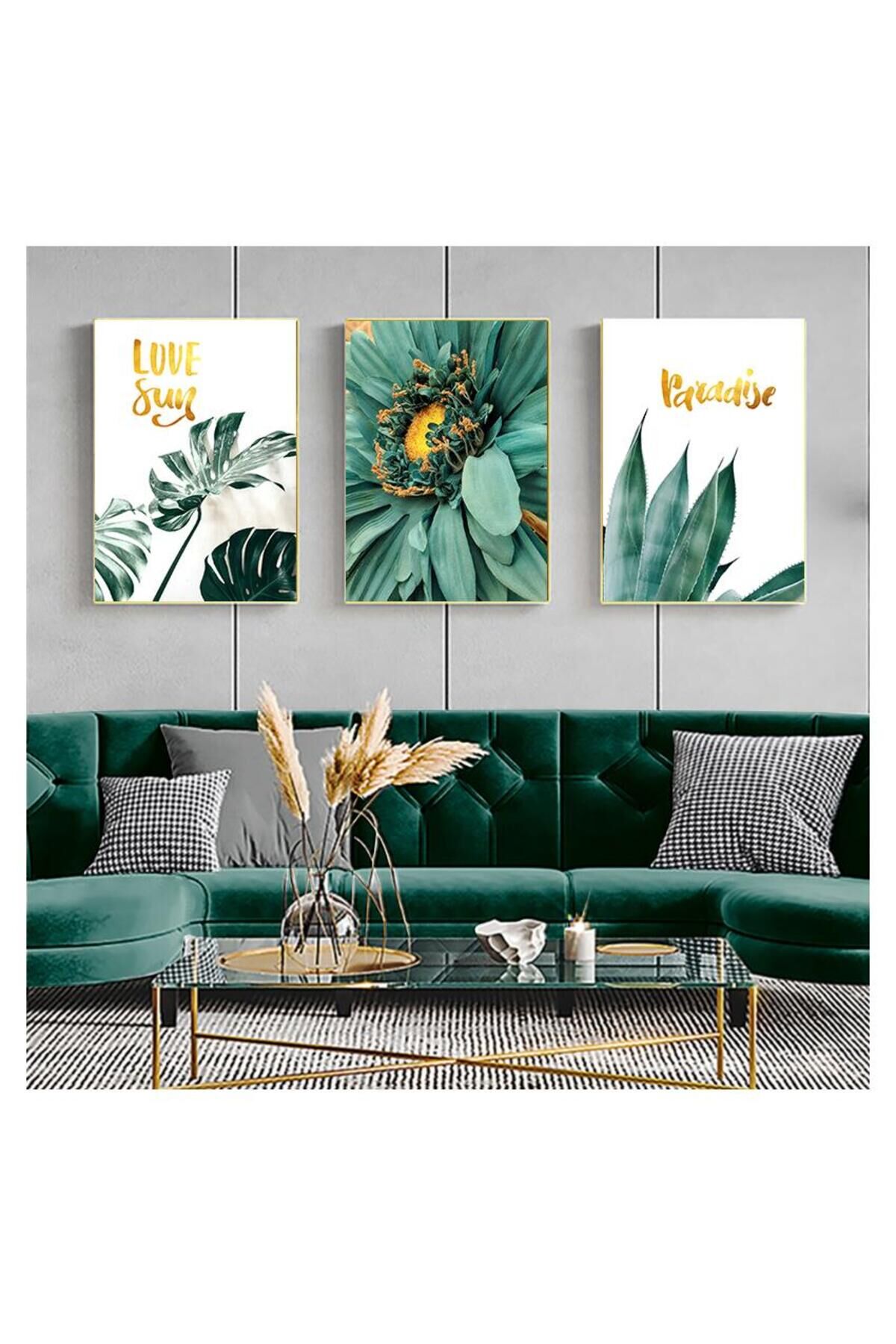 3lü Gold Metal Çerçeveli Yeşil Yaprak Camlı Tablo Seti