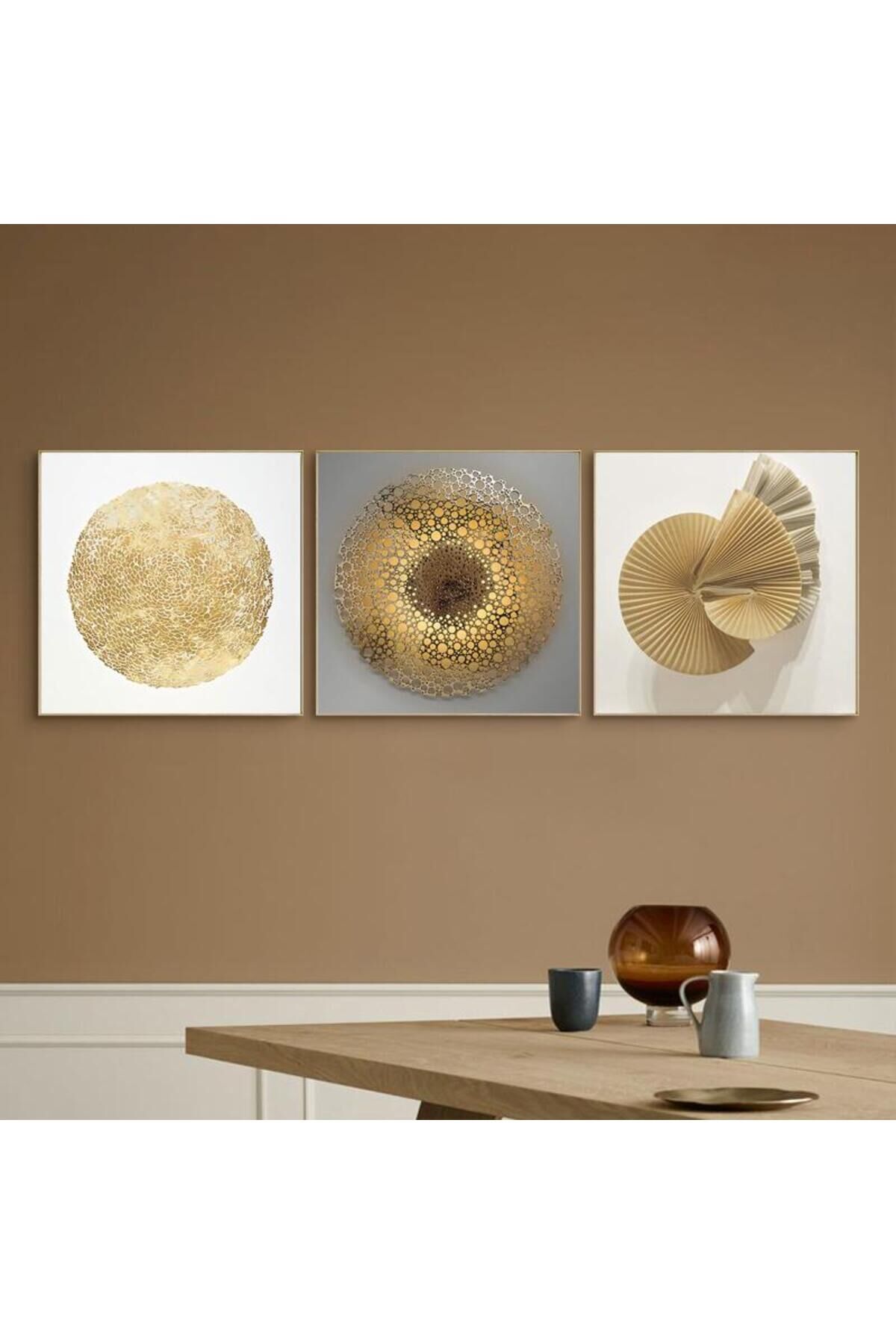 3lü Gold Metal Çerçeveli Beyaz Gold Desen Camlı Tablo Seti