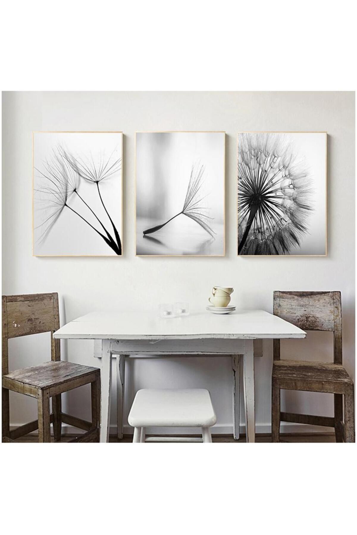 3lü Gold Metal Çerçeveli Siyah Karahindiba Camlı Tablo Seti